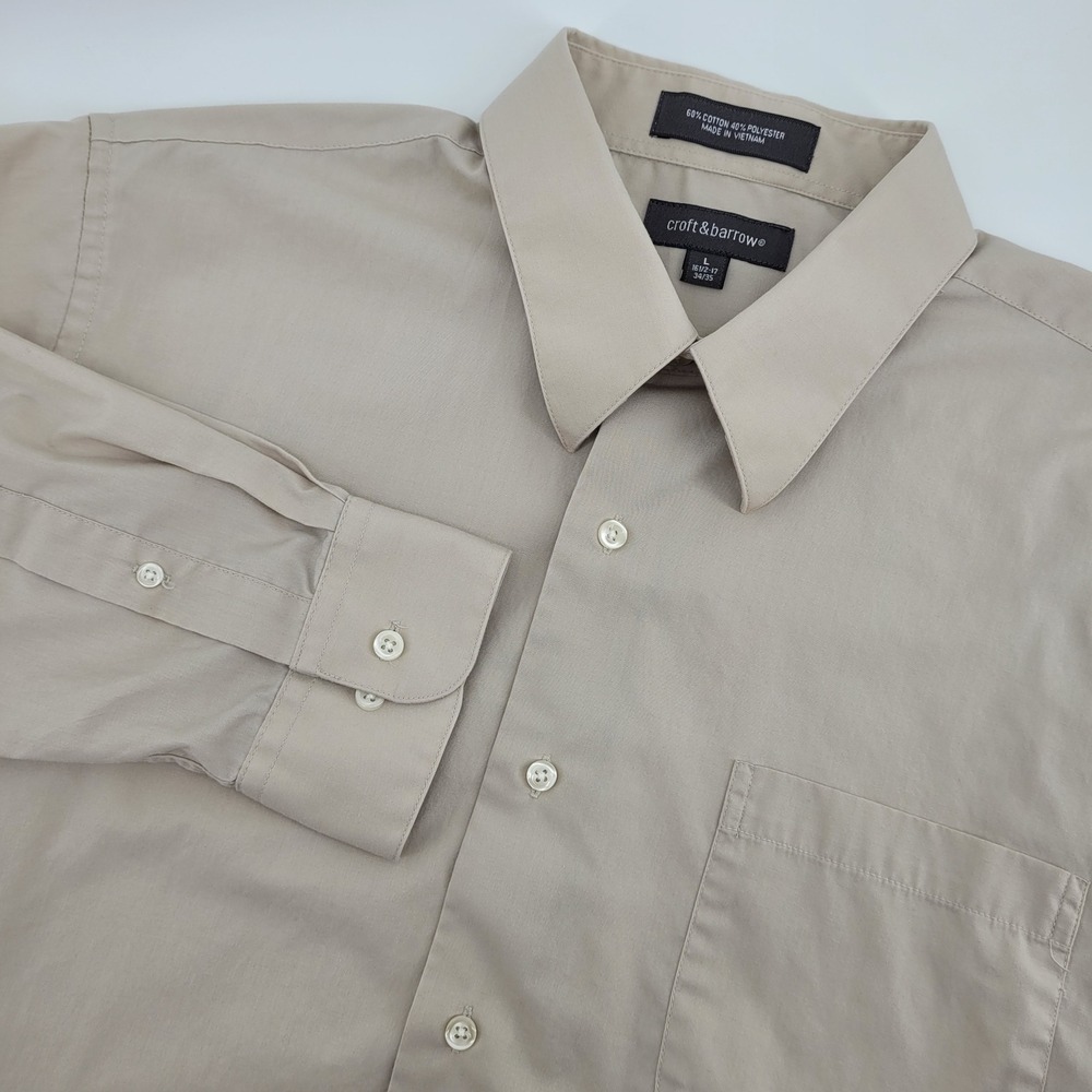 Croft & Barrow Mens L 16.5 34/35 Tan Beige Long Sleeve Button Down Office Shirt